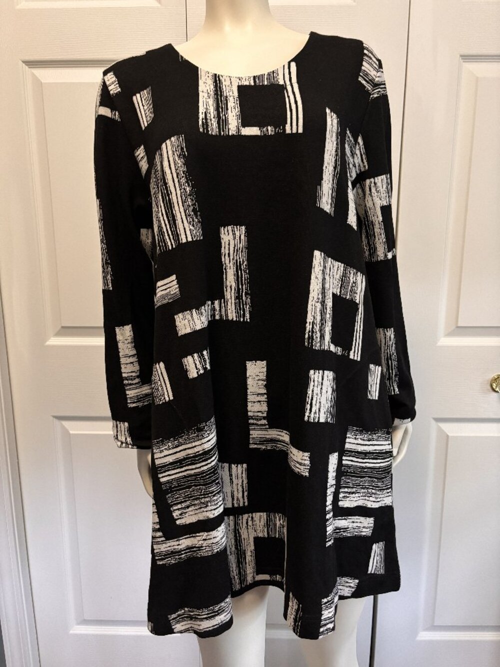 Aino Black White Abstract Print Tunic Dress XL Artsy Minimalist Pockets